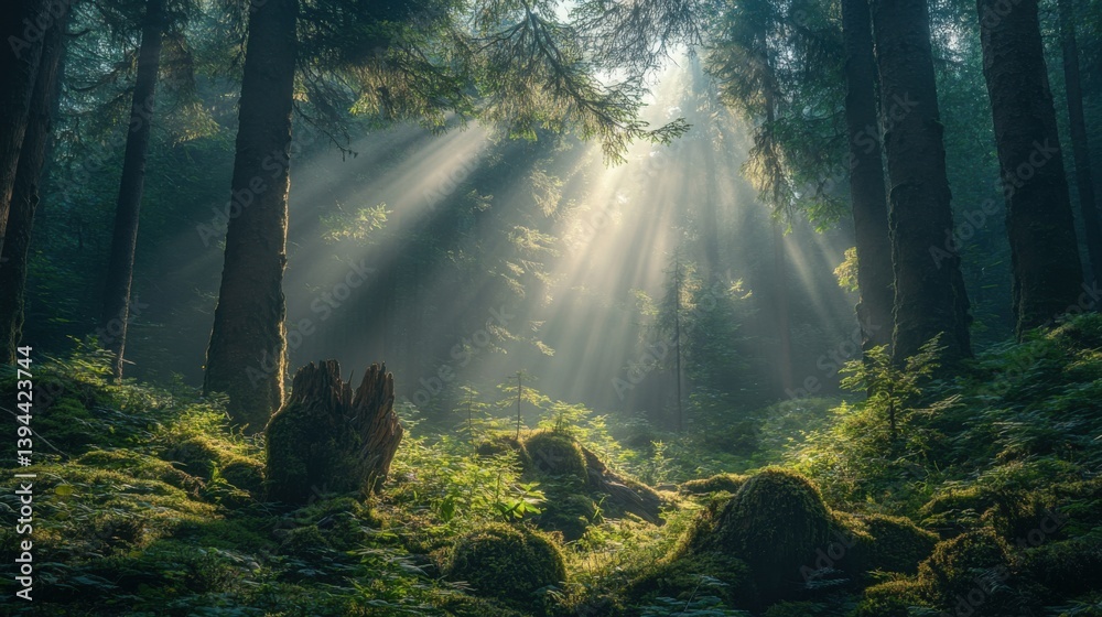 Obraz premium Sunlight filters through trees in a serene forest, illuminating lush green foliage and creating a tranquil, mystical atmosphere.