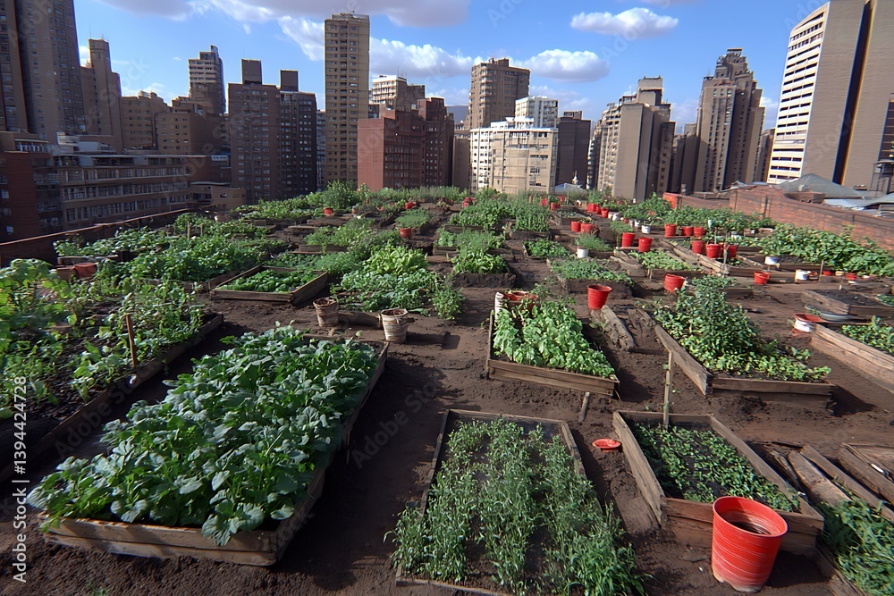 A rooftop garden showcasing urban farming with tall building backdrop