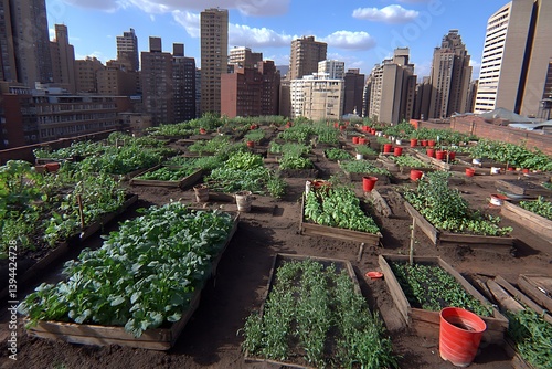 Obraz na płótnie A rooftop garden showcasing urban farming with tall building backdrop w salonie