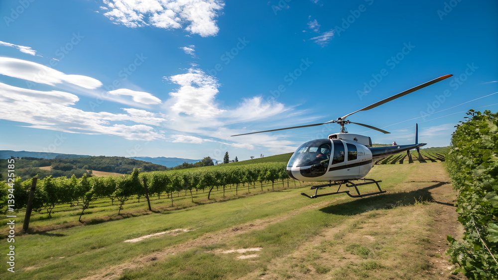 Fototapeta premium Luxury Helicopter flying over a park and landing in a grassy field with a car on a road, surrounded by mountains and a countryside landscape on a sunny summer day