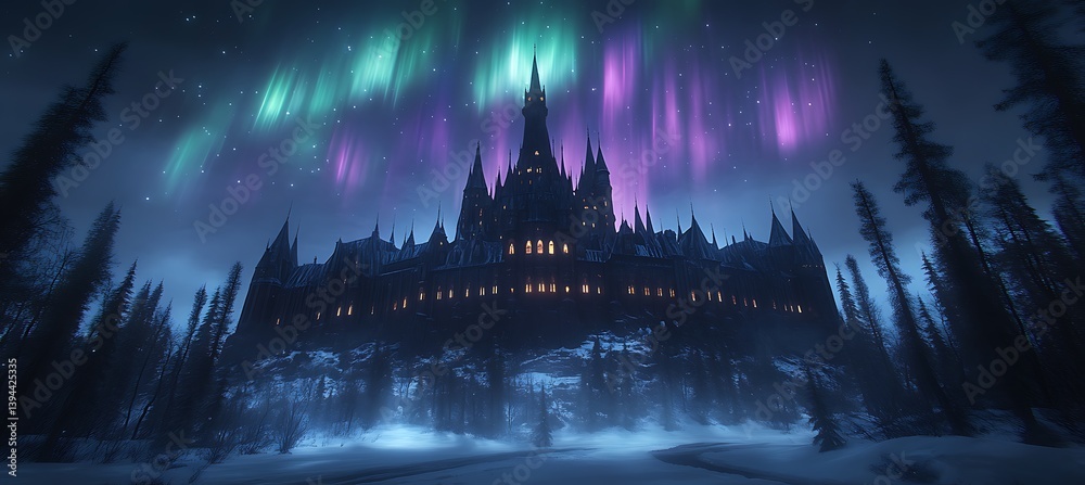 A Gothic Castle Underneath Beautiful Northern Lights Displayed
