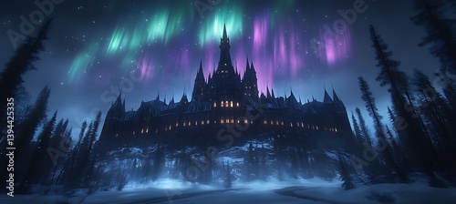 Obraz na płótnie A Gothic Castle Underneath Beautiful Northern Lights Displayed w salonie