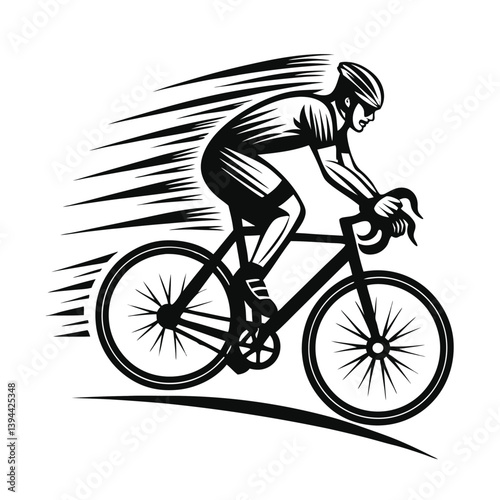Stylized Biker Silhouette, Intense Riding Sport, Speeding Road Bike, Black and White Art