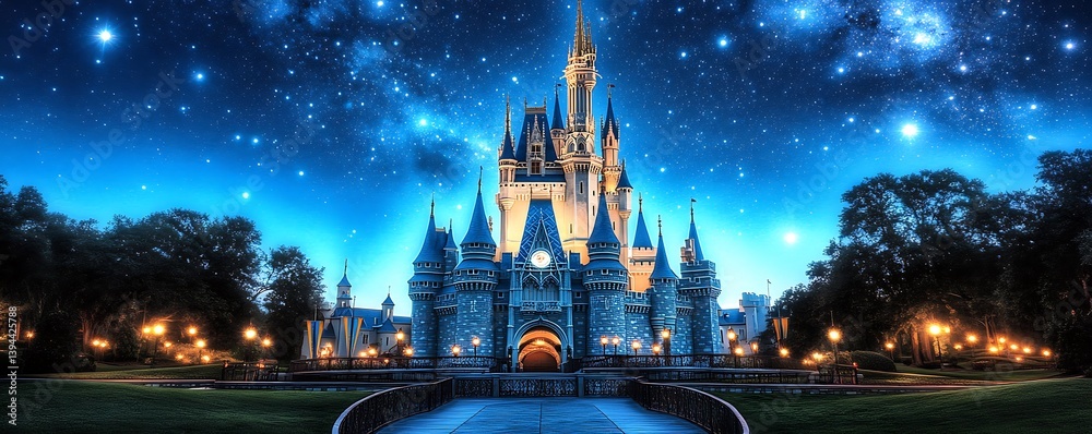 A majestic castle illuminated under a beautiful starry night sky