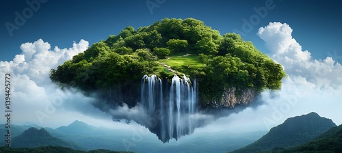 Obraz na płótnie A verdant floating island with cascading waterfalls and billowing clouds w salonie