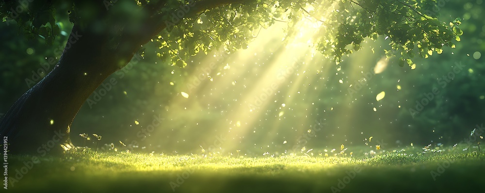 Sunlight streams through leaves onto a grassy meadow creating a beautiful scene