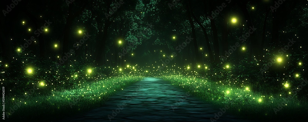 A pathway lit with glowing orbs in a dark and lush forest