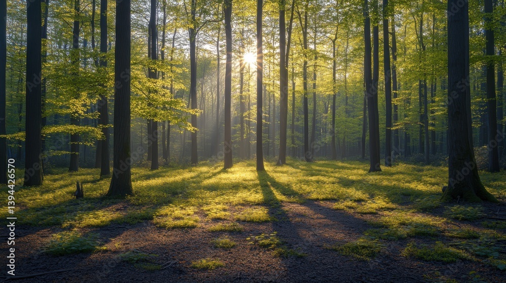 Fototapeta premium A serene forest scene with sunlight filtering through tall trees, casting gentle shadows on a lush, green floor, creating a peaceful and inviting atmosphere.