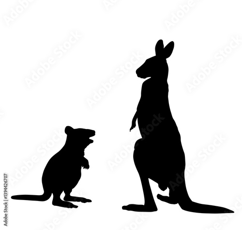 Quokka and kangaroo vector silhouette illustration isolated on white background. Scrub wallaby shape shadow. Australian animals. Fauna best jumper. Zoo attraction.
