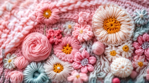 Close-Up of Pink and White Crochet Flowers