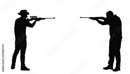Soldier man with rifle shooting in opponent sniper enemy war battle vector silhouette illustration isolated. Conflict handgun fire. Police secret agent shutting against mafia member. Policeman arrest.