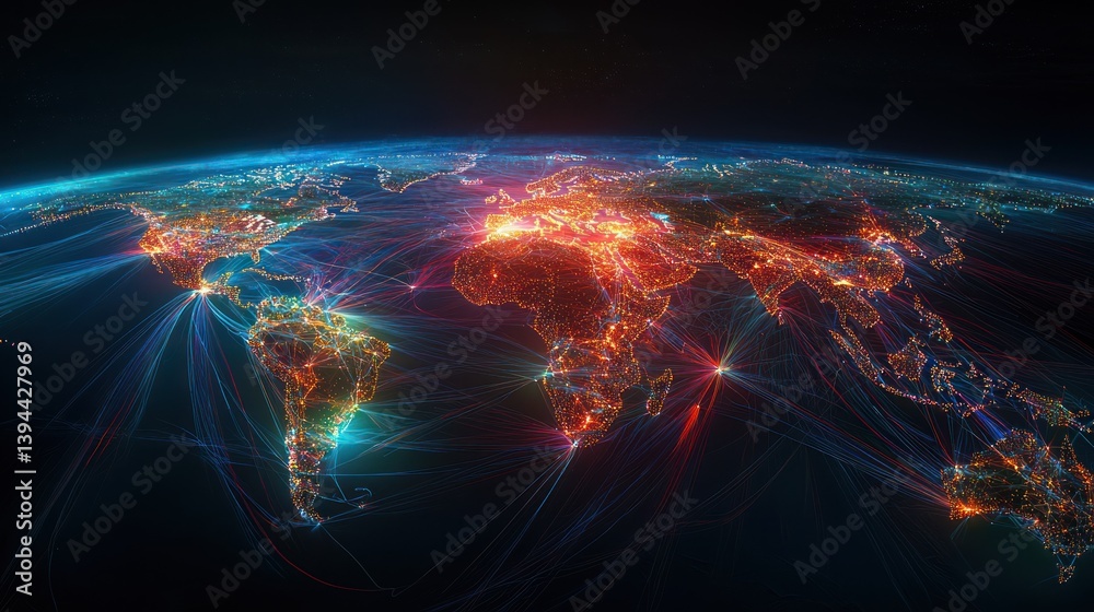 Global network interconnectedness, global communication, worldwide connectivity, illuminating earth with luminous lines. Global network interconnectedness, global communication, worldwide connectivity, illuminating earth with luminous lines.