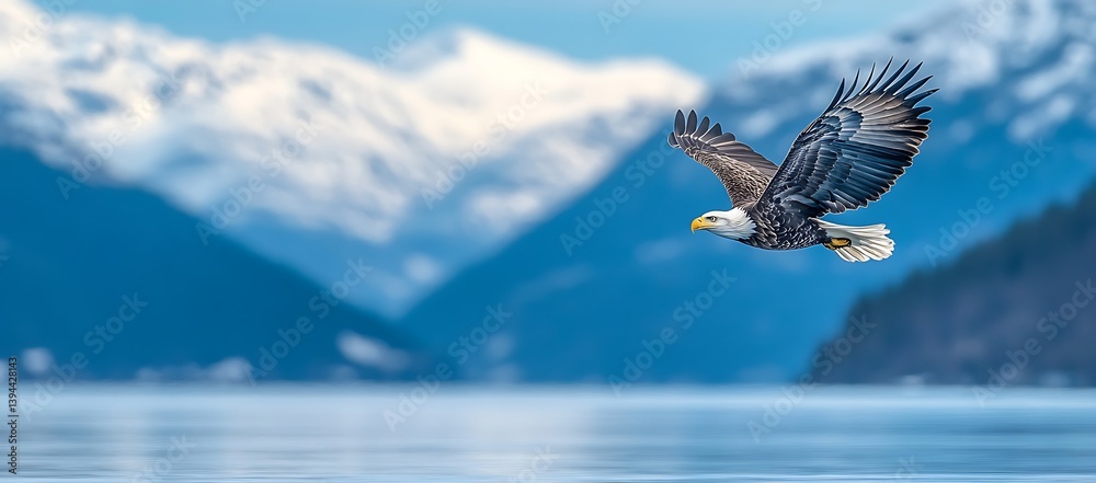 An elegant eagle soars in flight above the serene water landscape