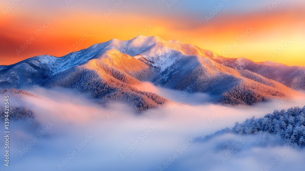 Majestic snow covered mountains during a stunning sunrise display
