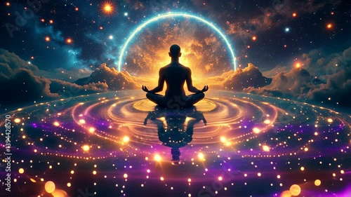 The scene is serene and peaceful, with the person in the center of the image