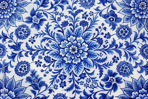A blue and white floral patterned plate with flowers