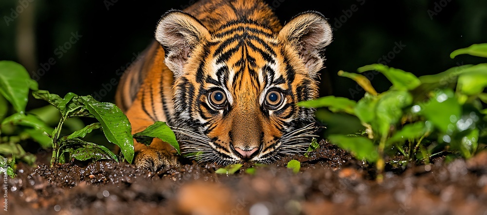 A Young Tiger Cub Staring Intently at the Camera Directly