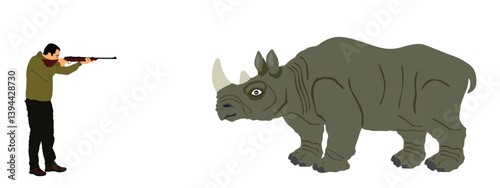 Man poacher shooting on rhino vector illustration isolated. Hunter with rifle target rhinoceros big wild animal. Illegal hunt. Aiming boy safari trophy. Criminal activity against wildlife tusk trade.