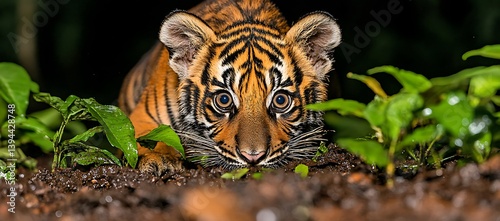 Obraz na płótnie A Young Tiger Cub Staring Intently at the Camera Directly w salonie