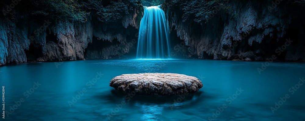 A beautiful waterfall cascades into a stunning teal colored tranquil pool