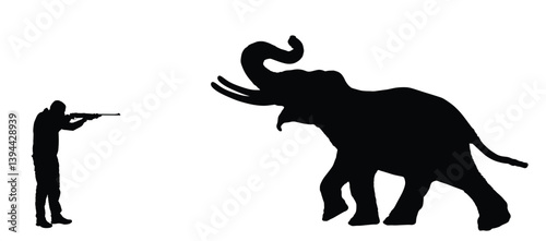 Man poacher shooting on elephant vector silhouette illustration isolated. Hunter with rifle target big wild animal. Illegal hunt aiming boy safari trophy. Outdoor criminal activity killing for ivory.