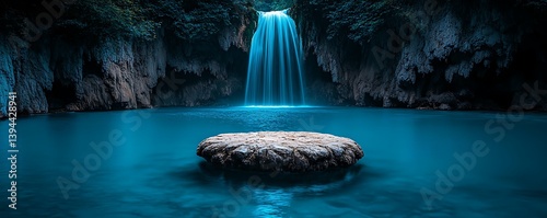 Obraz na płótnie A beautiful waterfall cascades into a stunning teal colored tranquil pool w salonie