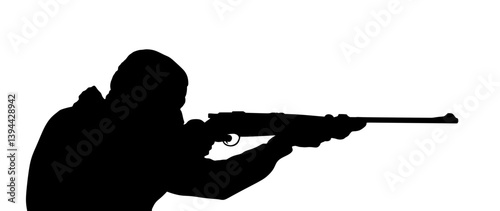 Soldier man rifle against enemy shooting war battle vector silhouette illustration isolated. Police agent shutting mafia member. Policeman arrest. Safari hunter aiming target shape shadow. Conflict.