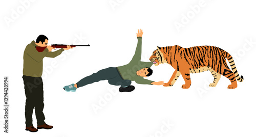 Man poacher shooting on tiger vector illustration isolated. Hunter with rifle target big cat wild animal. Illegal hunt aiming boy safari trophy. Outdoor criminal activity killing for tiger skin, fur.