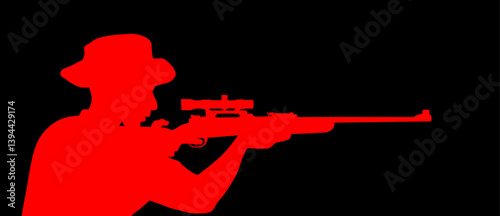 Soldier man sniper rifle against enemy shooting war battle vector silhouette illustration isolated. Police agent shutting mafia member. Policeman arrest. Safari hunter aiming target shape shadow.