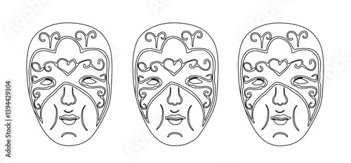Female carnival mask vector line contour silhouette illustration isolated on white background. Mysterious identity woman face. Secret lady equipment on carnival costume ball. Fatal girl.