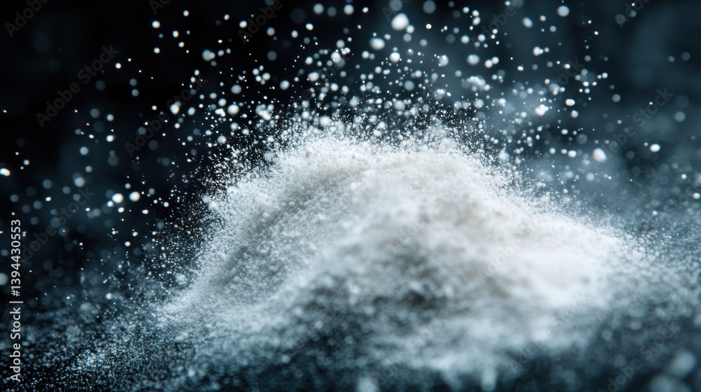 A close-up image of a fine powder with particles floating in the air, creating an artistic and dynamic visual effect against a dark background. A close-up image of a fine powder with particles floating in the air, creating an artistic and dynamic visual effect against a dark background.