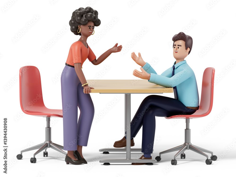 Obraz premium 3D woman and 3D man discuss over a table, symbolizing collaboration and communication. 3d rendering, conceptual image. Isolated on white background.