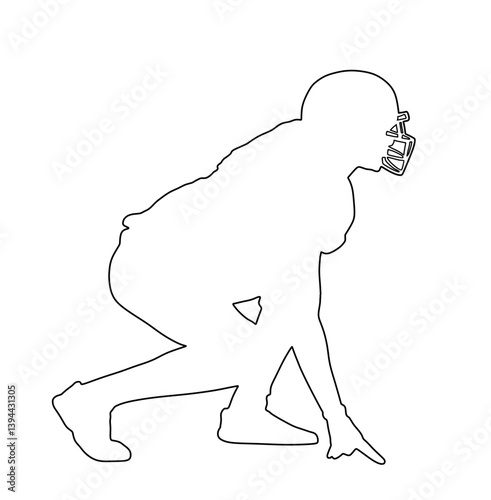 American football player in action line contour vector silhouette illustration isolated on background. Sportsman in full equipment on court. Rugby sport man, popular collage sport super star.