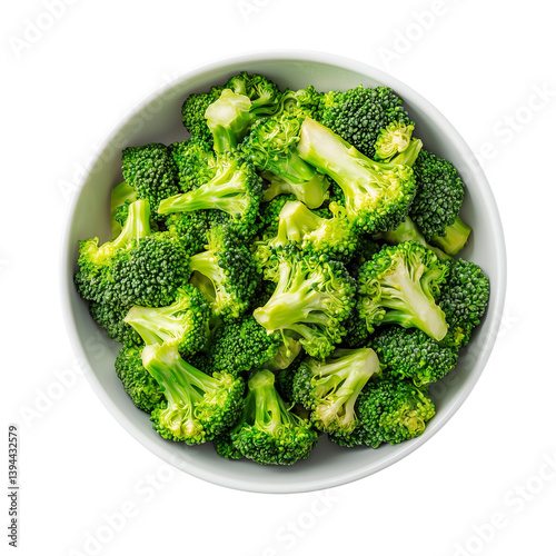 Fresh broccoli florets in a white bowl, showcasing vibrant green colors and healthy vegetables, perfect for culinary or dietary themes. isolated on white background and transparent background