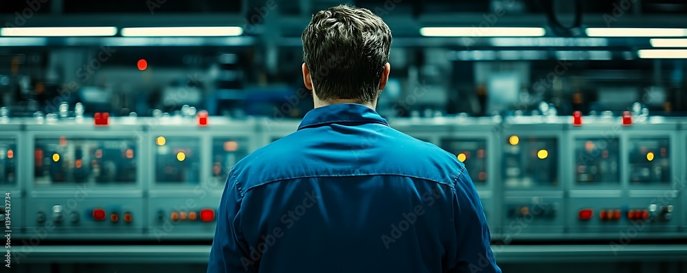 A person wearing a blue uniform looks at machinery in factory