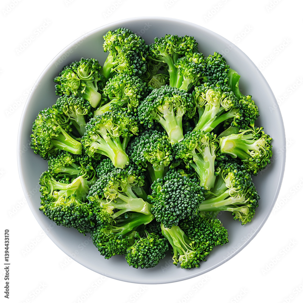 Fresh broccoli arranged in a round bowl, showcasing its vibrant green color and detailed florets isolated on white background and transparent background Fresh broccoli arranged in a round bowl, showcasing its vibrant green color and detailed florets isolated on white background and transparent background