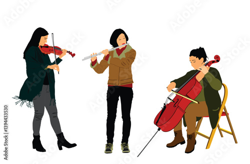 Female trio orchestra music artist vector illustration. Girl play violin, cellist woman play cello, flutist girl play flute. Elegant lady musician. String and wind instruments concert event.