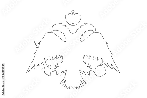 Wild double head eagle with spread wings and sword graphic Byzantine coat of arms flag vector line contour illustration isolated. COA Eastern Roman Empire emblem banner. Greek orthodox church symbol.