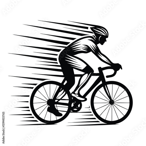 Silhouette Cyclist Riding Bike, Fast Speed, Sport, Motion Lines, Athlete, Black and White