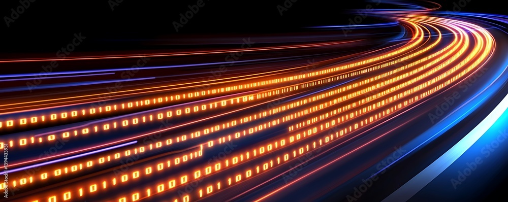 Digital data streams flowing through space with binary code and light trails