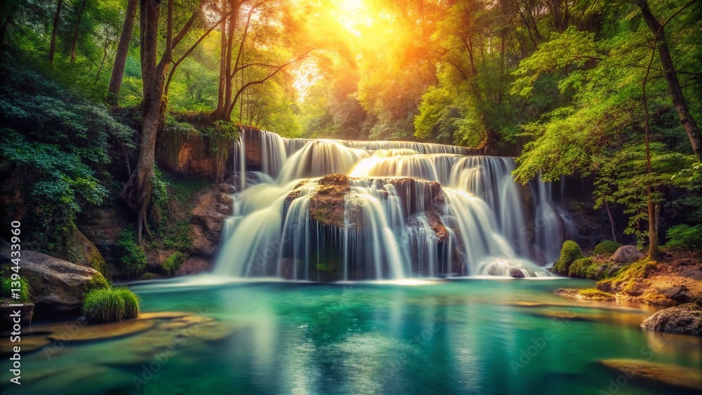 Fototapeta premium A Serene Mountain Waterfall Lush Nature Photography from a Vintage Era Capturing the Majestic Beauty of a Cascading