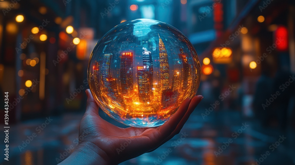 Hand holding a crystal ball reflecting a city at night. Hand holding a crystal ball reflecting a city at night.