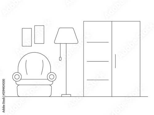 The interior consists of an armchair, a floor lamp, and a cabinet with shelves, all made in thin lines