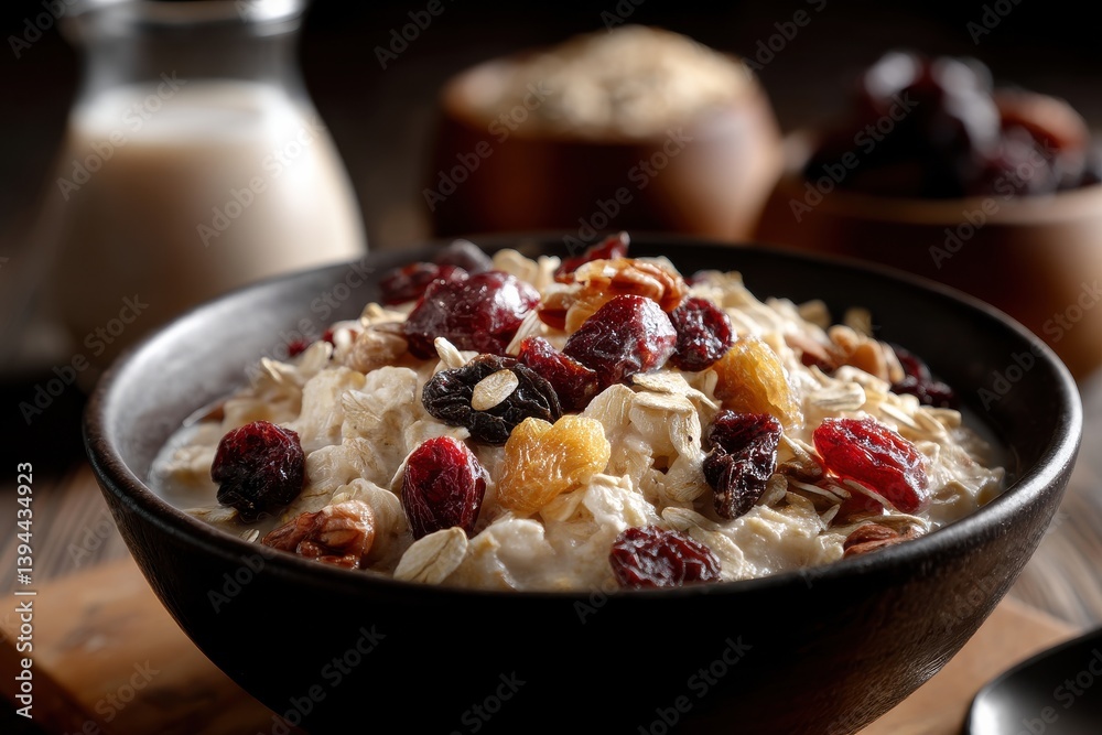 A vibrant bowl of nutritious oats topped with an array of colorful berries and nuts, perfect for a wholesome meal. A vibrant bowl of nutritious oats topped with an array of colorful berries and nuts, perfect for a wholesome meal.