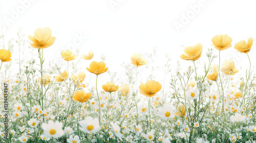 Fototapeta Naklejka Na Ścianę i Meble -  A vibrant field of cheerful yellow wildflowers and delicate white daisies blossoms in a bright sunny meadow creating a beautiful sp or summer floral background image.