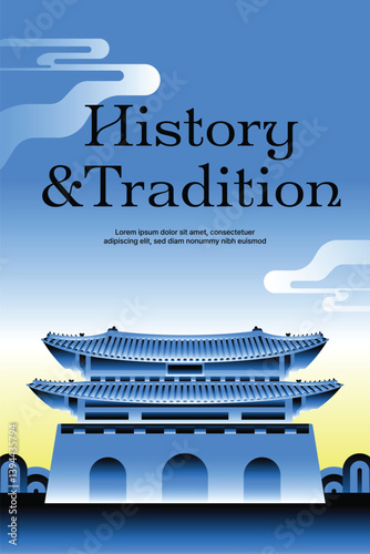Blue gradient vector illustration of traditional Asian palace. Perfect for history, architecture, and culture themes.