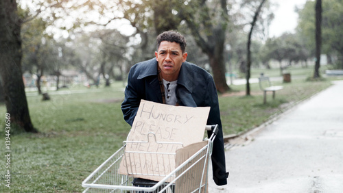 Canvas Print Homeless, person and begging with cardboard in shopping cart for financial aid, economic hardship and poverty