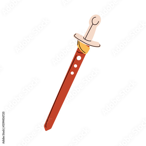 Sword with blade in sheath, hilt. Old ancient historic weapon, myth legend artifact. Roman gladius, protection armor, guard armour. Flat graphic vector illustration isolated on white background