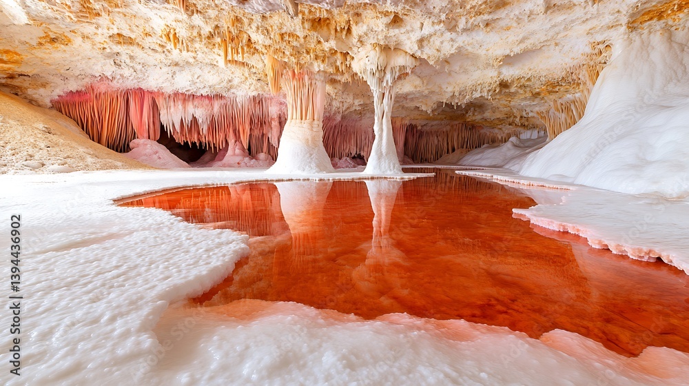 A stunning cave showcases crystal formations with reflective red water
