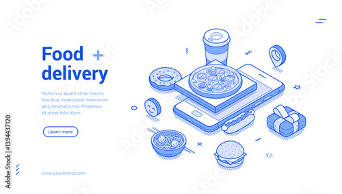 Food delivery smartphone online application monochrome isometric web banner vector illustration. Internet meal order menu courier service mobile phone app landing page design template